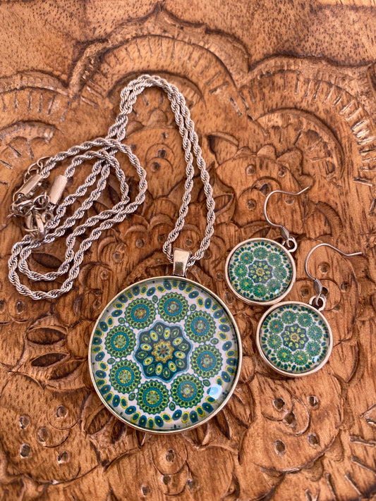 Emerald & Lime Mandala Necklace & Earring Set - Dandelion Lifestyle