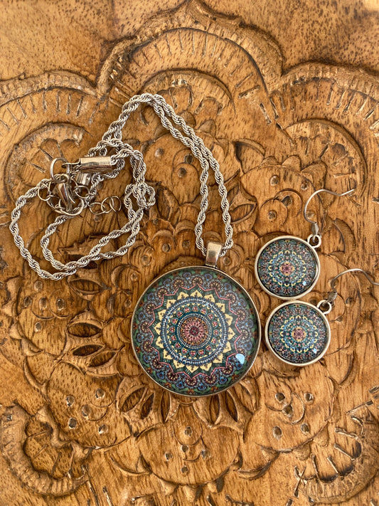 Blue & Buttercup Hues Mandala Necklace & Earring Set - Dandelion Lifestyle