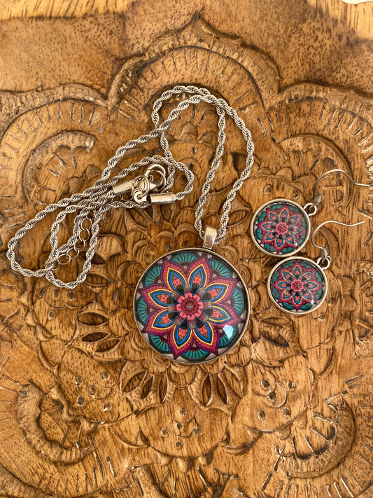 Teal & Dusty Pink Star Mandala Necklace & Earring Set - Dandelion Lifestyle