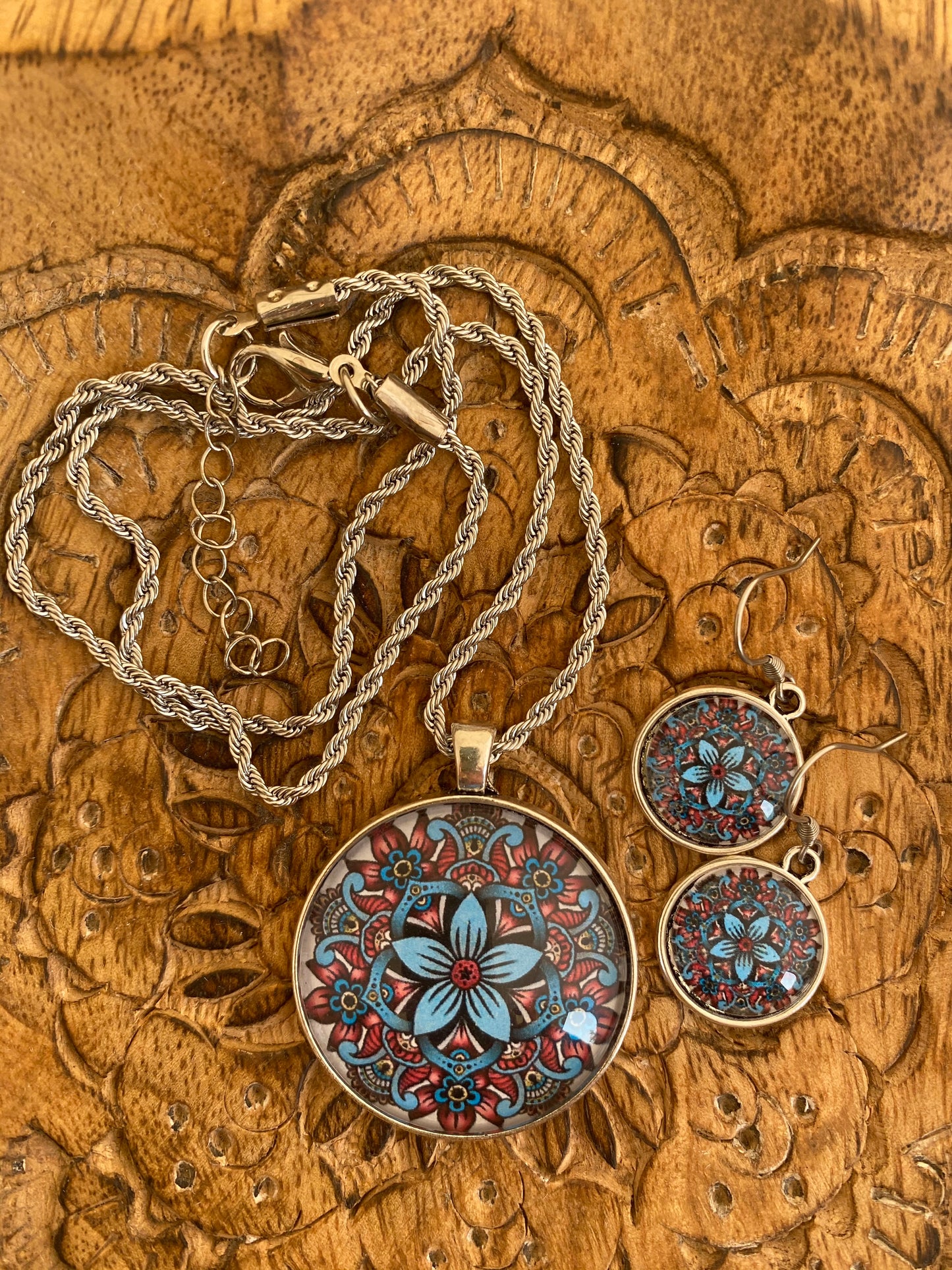 Blue Flower Power Mandala Necklace & Earring Set - Dandelion Lifestyle