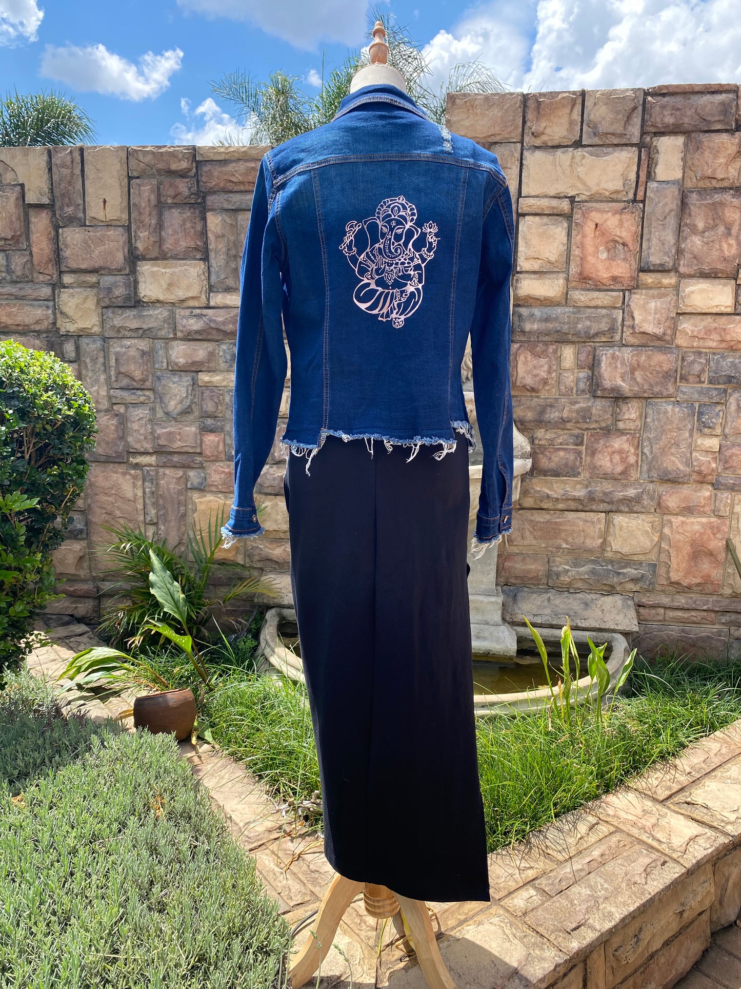 Rose Gold Ganesh on Distressed Denim Jacket - Dandelion Lifestyle