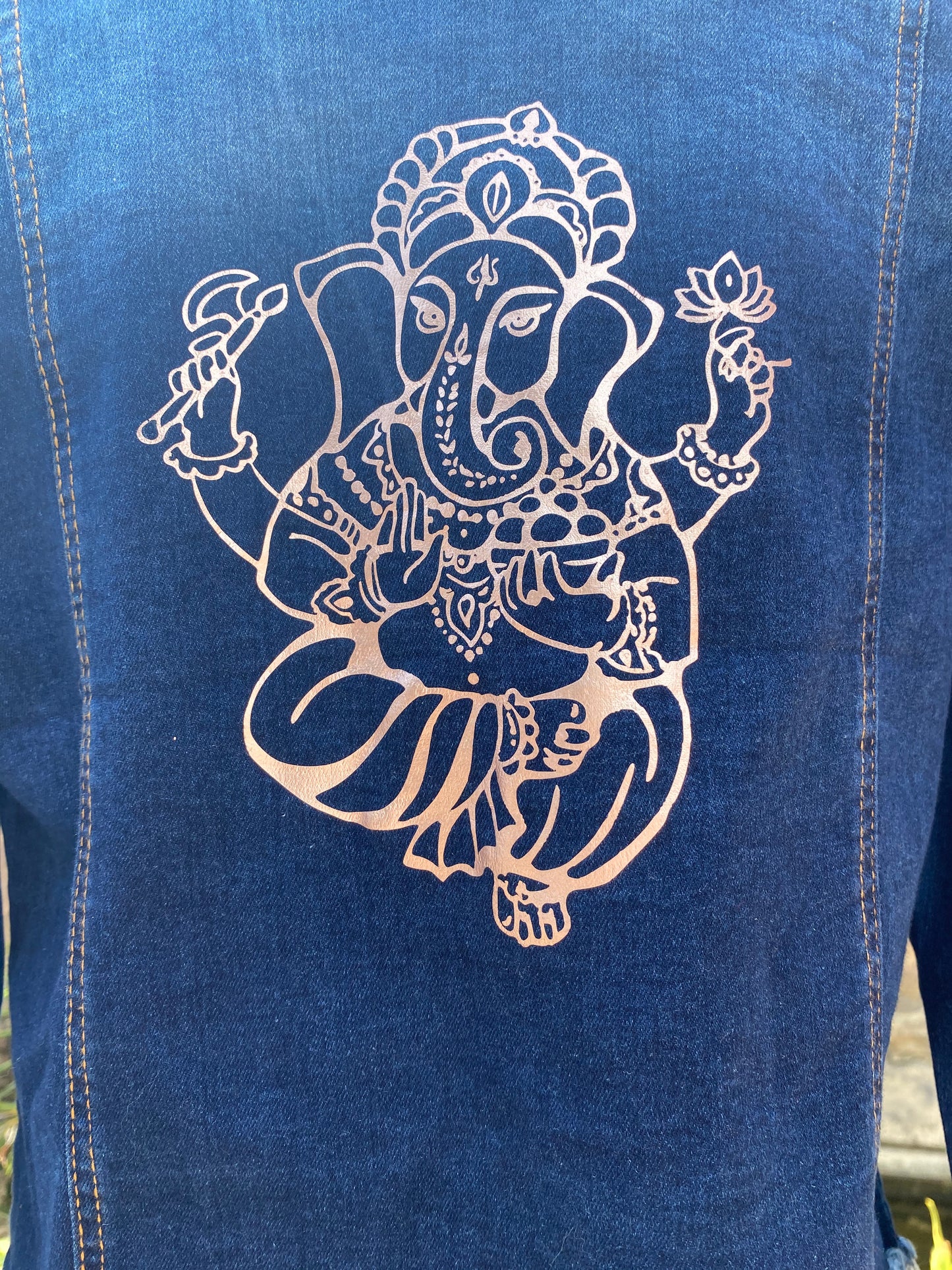 Rose Gold Ganesh on Distressed Denim Jacket - Dandelion Lifestyle