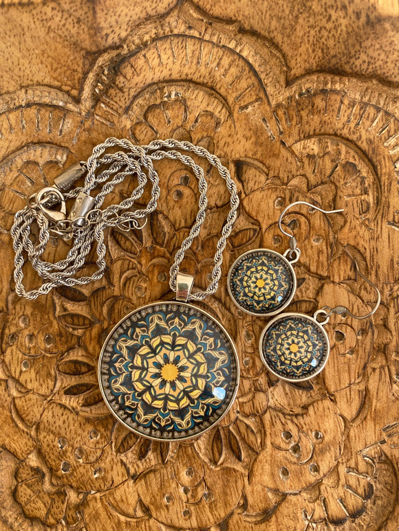 Sunshine & Denim Mandala Necklace & Earring Set - Dandelion Lifestyle