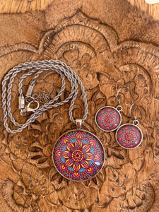 Pink Retro Mandala Necklace & Earring Set - Dandelion Lifestyle