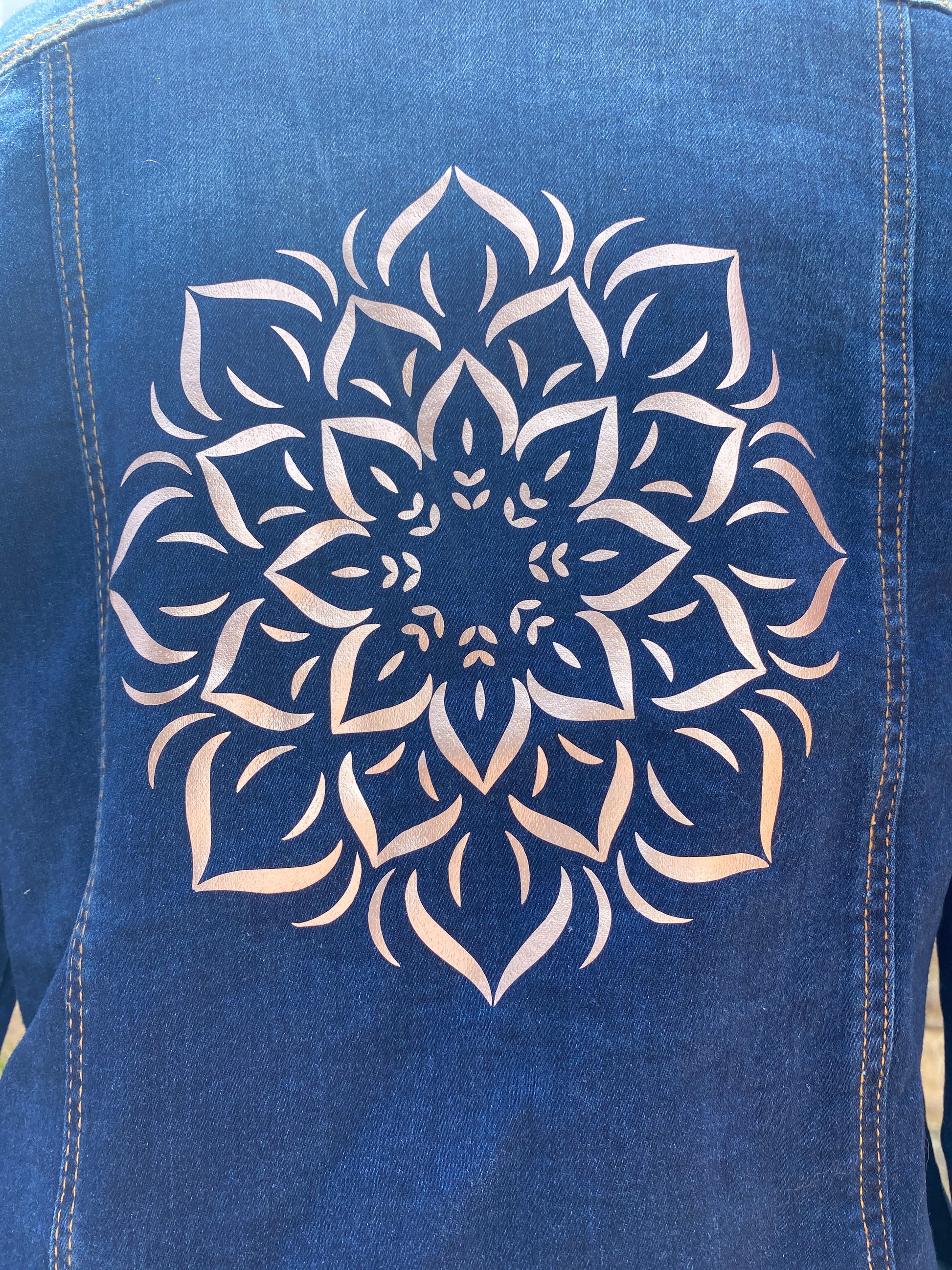 Rose Gold Mandala on Distressed Denim Jacket - Dandelion Lifestyle