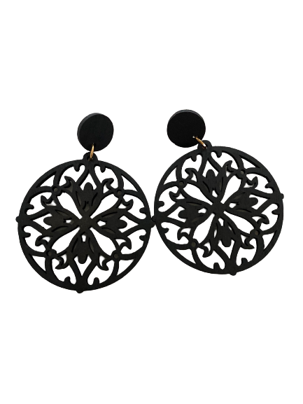 Jet Black Round Mandala Wood Earrings - Dandelion Lifestyle