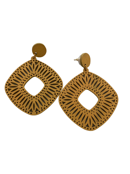 Mustard Rounded Diamond Wood Earrings - Dandelion Lifestyle